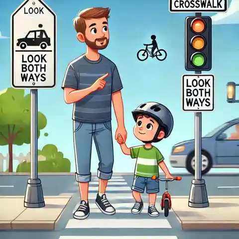 Father and son at a crosswalk.