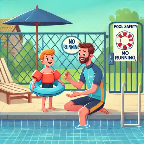 Teaching Children Safety - father teaching his son about water safety by a pool